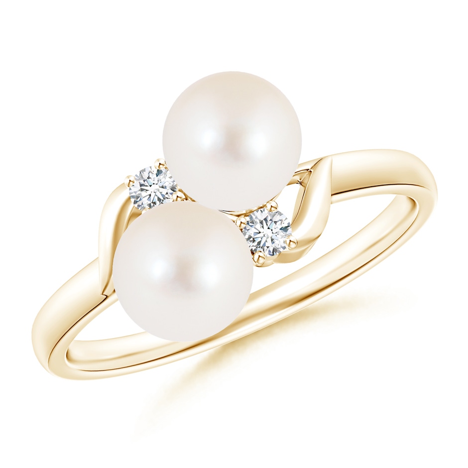 6mm AAA Two Stone Freshwater Pearl Ring with Diamond Accents in Yellow Gold 
