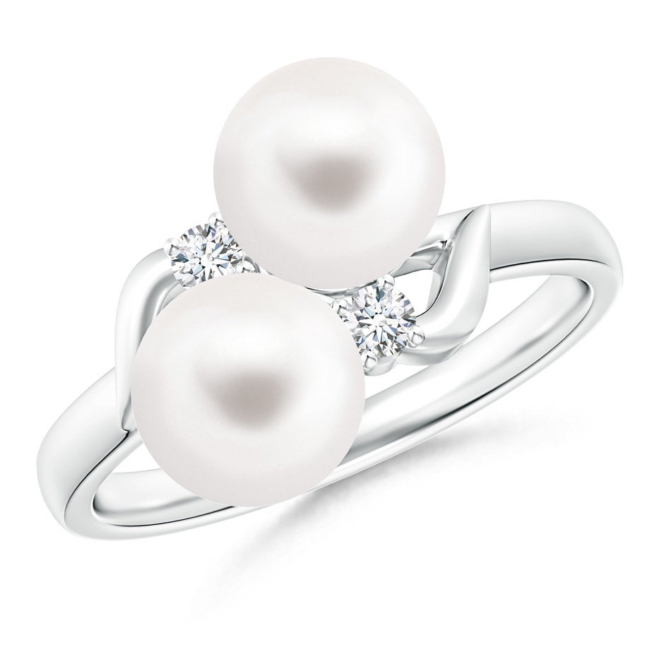 7mm AA Two Stone Freshwater Pearl Ring with Diamond Accents in S999 Silver 