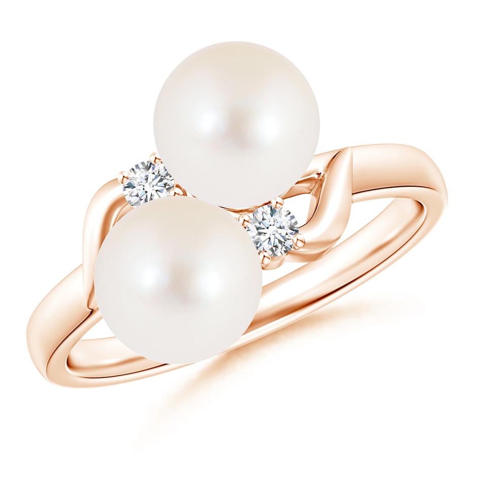 7mm AAA Two Stone Freshwater Pearl Ring with Diamond Accents in Rose Gold 