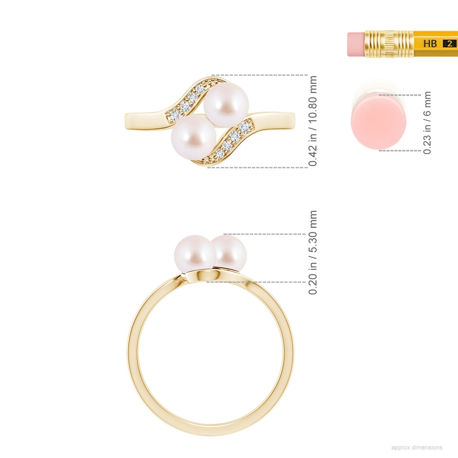 5mm AAA Dual Akoya Cultured Pearl Ring with Diamond Accents in Yellow Gold ruler