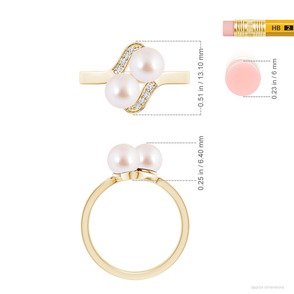 6mm AAA Dual Akoya Cultured Pearl Ring with Diamond Accents in Yellow Gold ruler