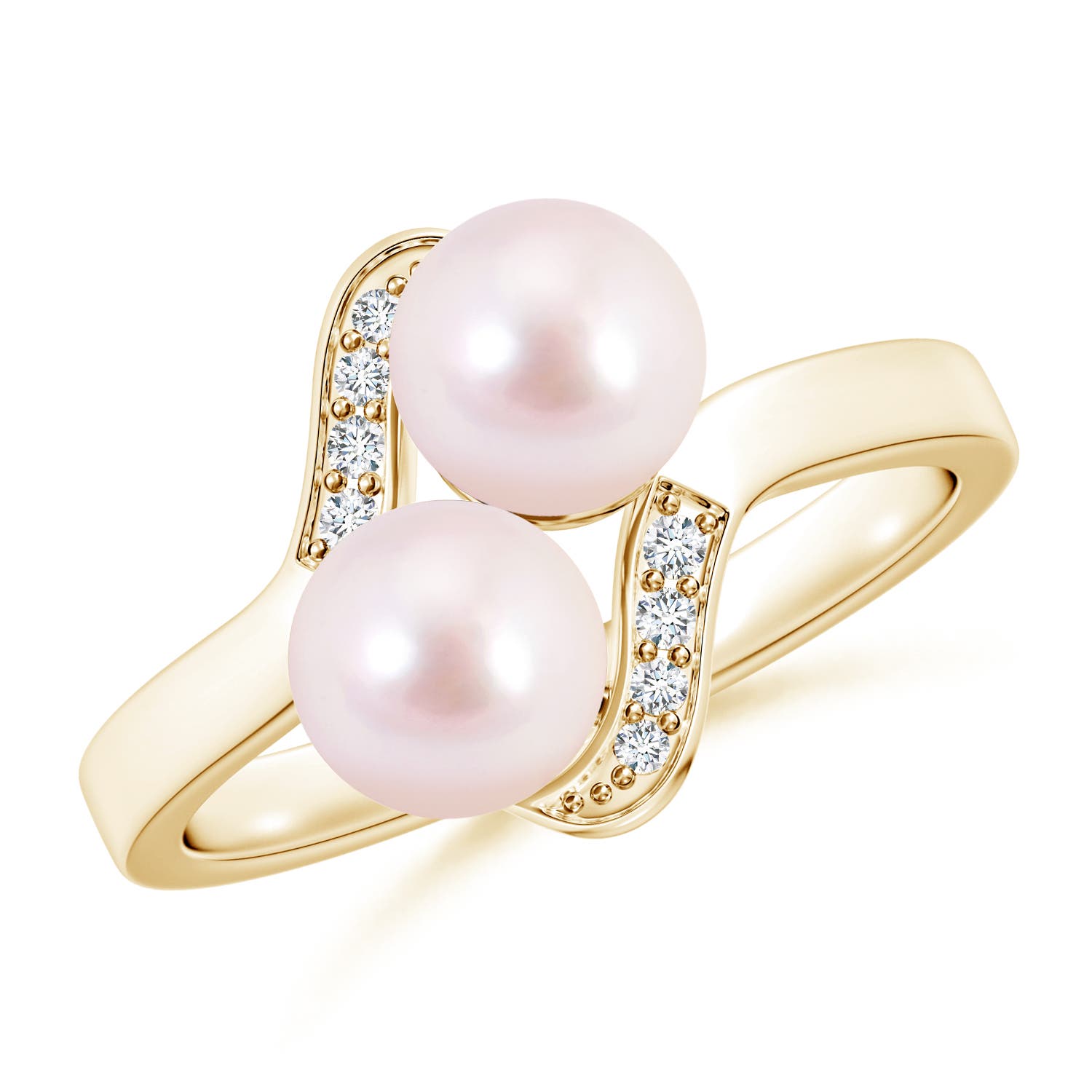 6mm AAAA Dual Akoya Cultured Pearl Ring with Diamond Accents in Yellow Gold