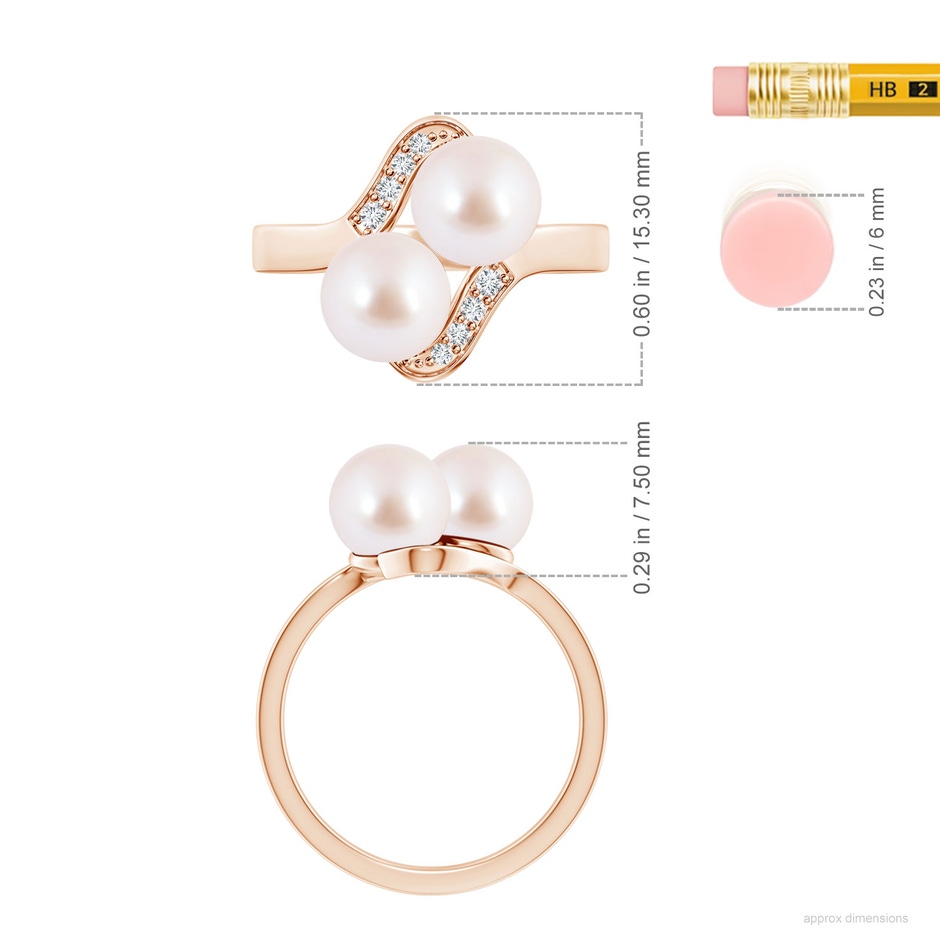 7mm AAA Dual Akoya Cultured Pearl Ring with Diamond Accents in 18K Rose Gold ruler