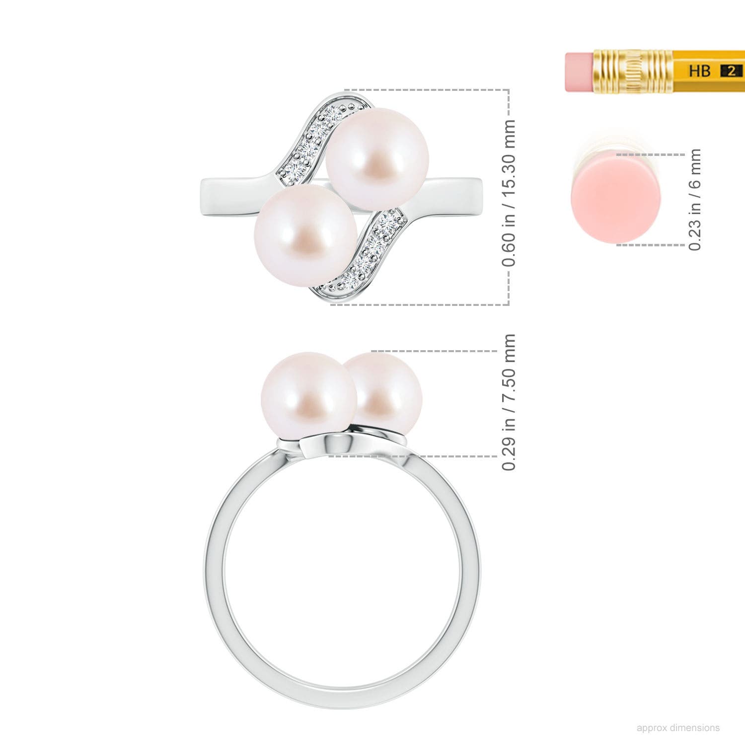 7mm AAA Dual Akoya Cultured Pearl Ring with Diamond Accents in White Gold - ruler