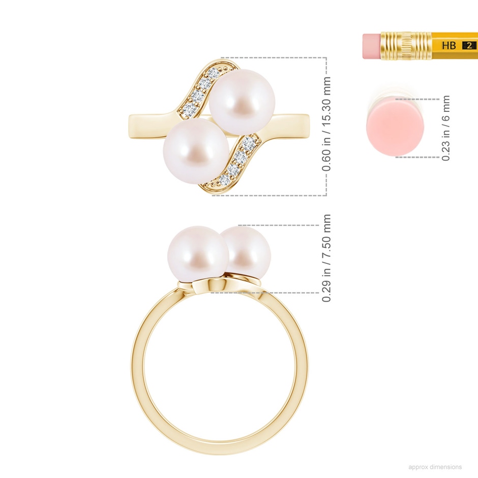 7mm AAA Dual Akoya Cultured Pearl Ring with Diamond Accents in Yellow Gold ruler