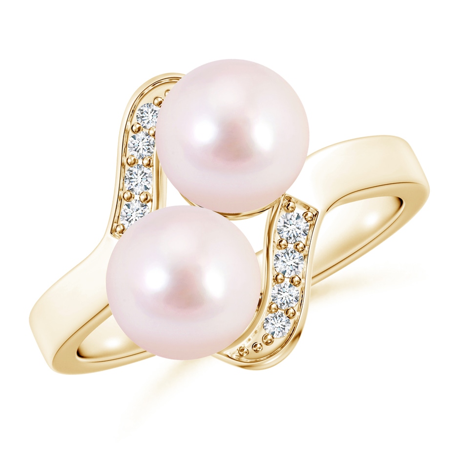 7mm AAAA Dual Akoya Cultured Pearl Ring with Diamond Accents in Yellow Gold 