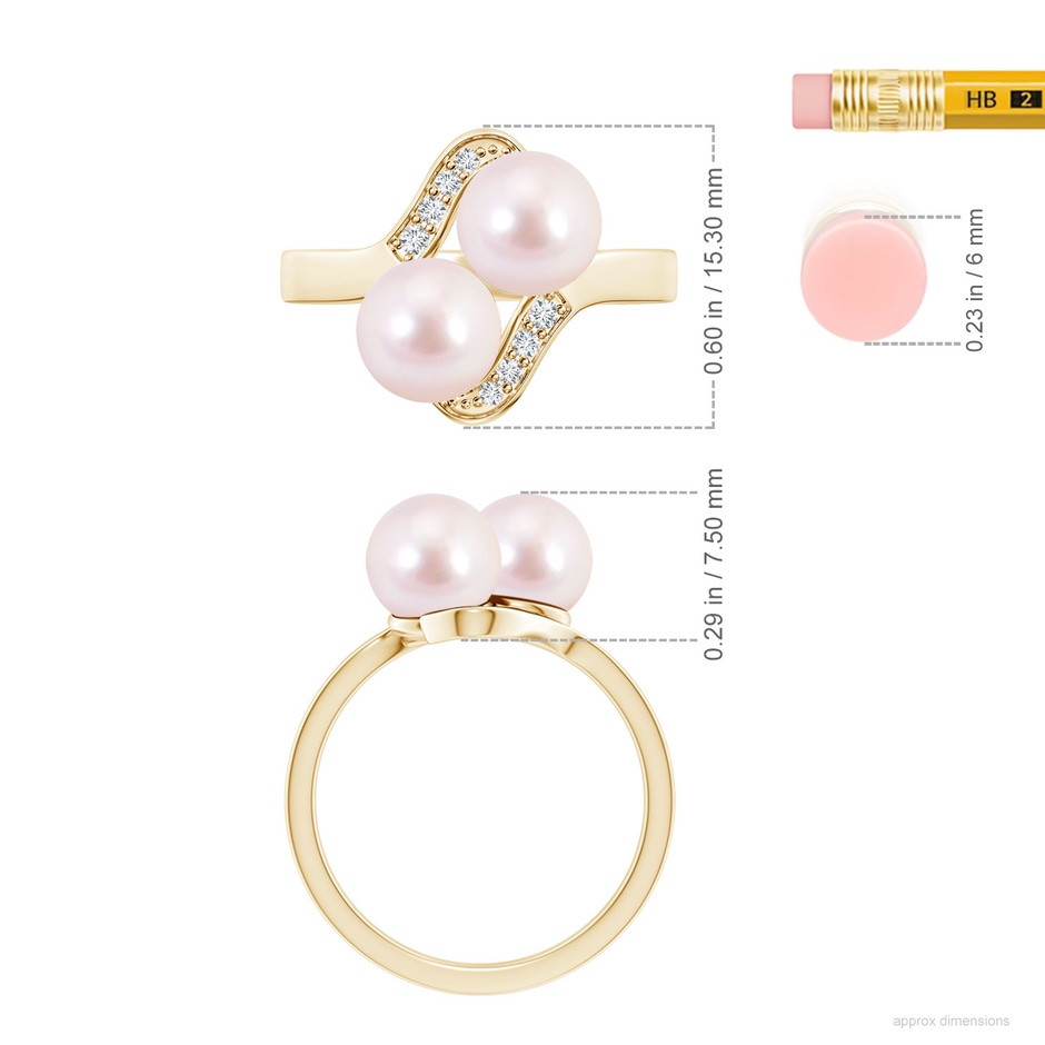 7mm AAAA Dual Akoya Cultured Pearl Ring with Diamond Accents in Yellow Gold ruler