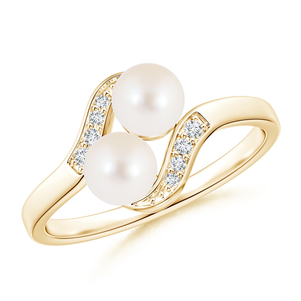 5mm AAA Dual Freshwater Pearl Ring with Diamond Accents in Yellow Gold