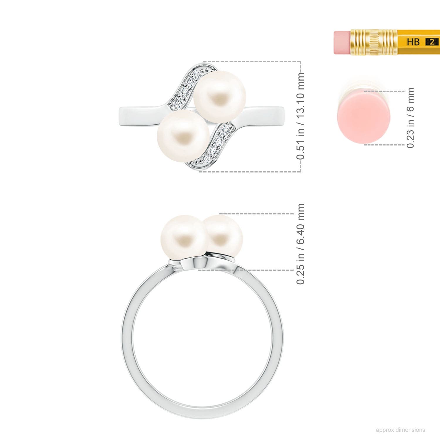 6mm AAA Dual Freshwater Pearl Ring with Diamond Accents in White Gold - ruler