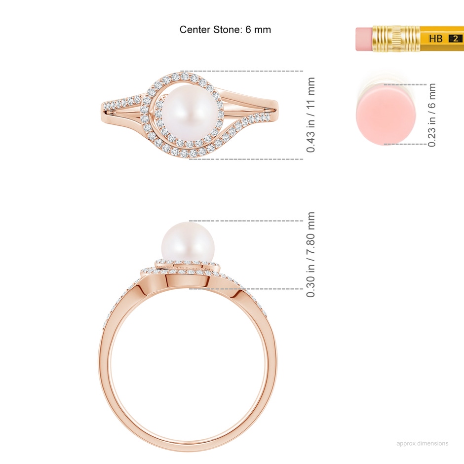 6mm AA Japanese Akoya Pearl Spiral Halo Ring with Diamonds in Rose Gold ruler