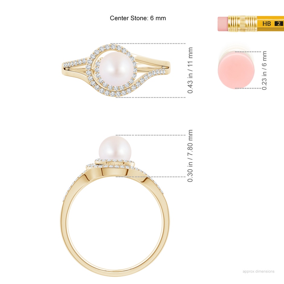 6mm AA Japanese Akoya Pearl Spiral Halo Ring with Diamonds in Yellow Gold ruler