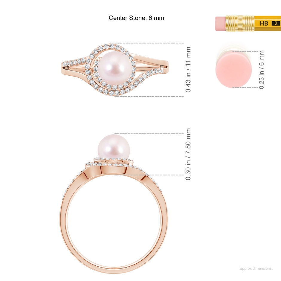6mm AAAA Japanese Akoya Pearl Spiral Halo Ring with Diamonds in Rose Gold ruler