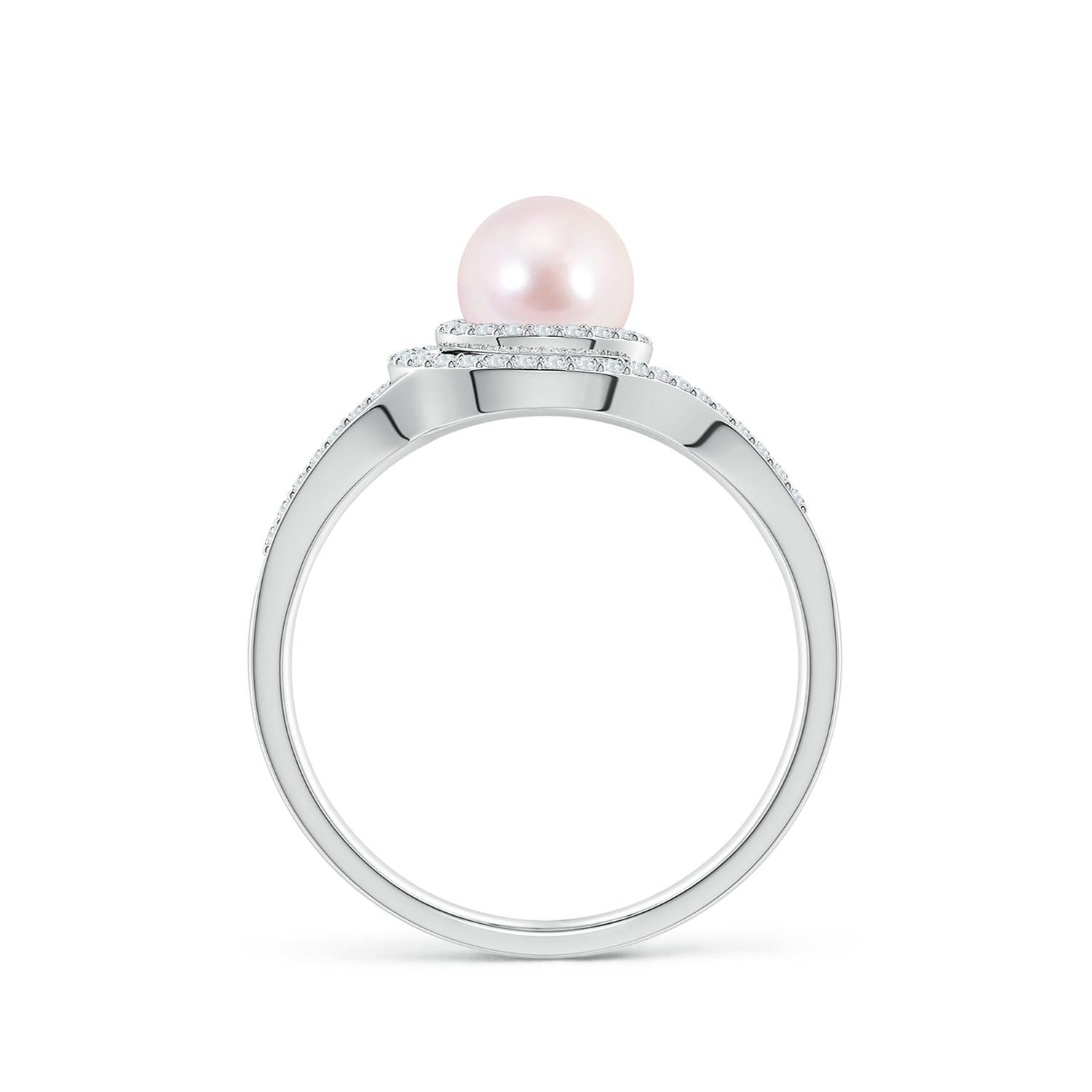 6mm AAAA Japanese Akoya Pearl Spiral Halo Ring with Diamonds in White Gold