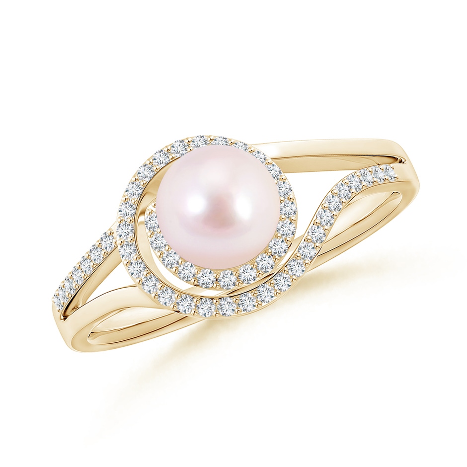 6mm AAAA Japanese Akoya Pearl Spiral Halo Ring with Diamonds in Yellow Gold 