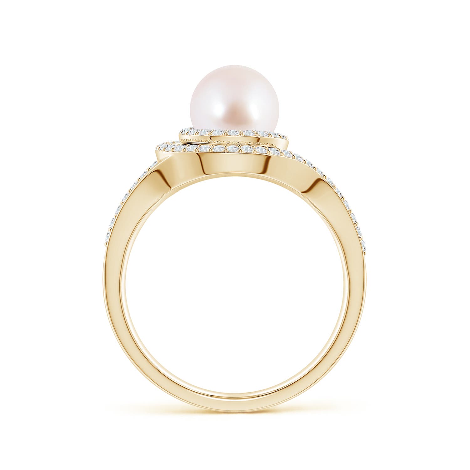 7mm AAA Japanese Akoya Pearl Spiral Halo Ring with Diamonds in Yellow Gold