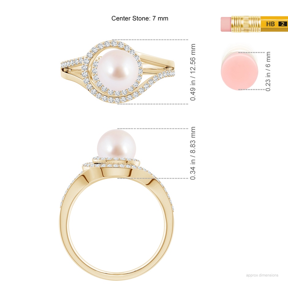 7mm AAA Japanese Akoya Pearl Spiral Halo Ring with Diamonds in Yellow Gold ruler