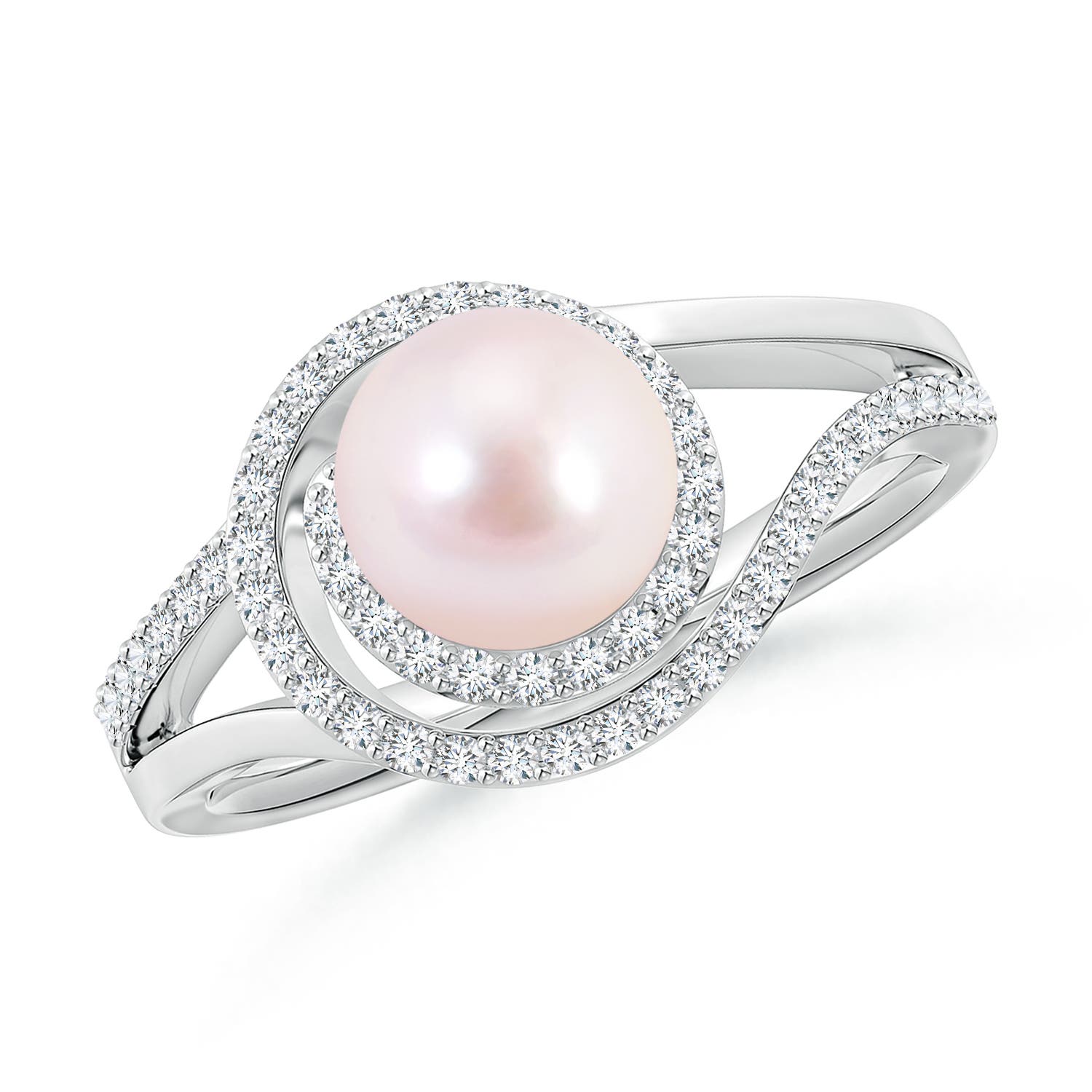 7mm AAAA Japanese Akoya Pearl Spiral Halo Ring with Diamonds in White Gold