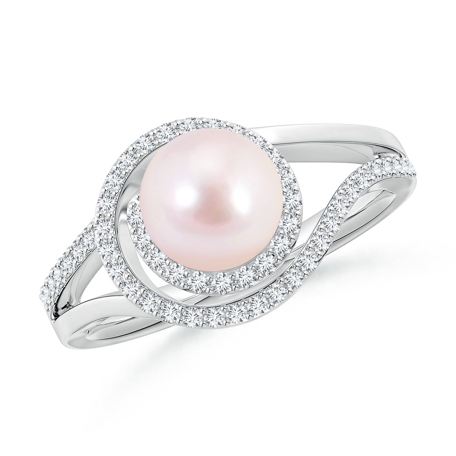 7mm AAAA Japanese Akoya Pearl Spiral Halo Ring with Diamonds in White Gold 