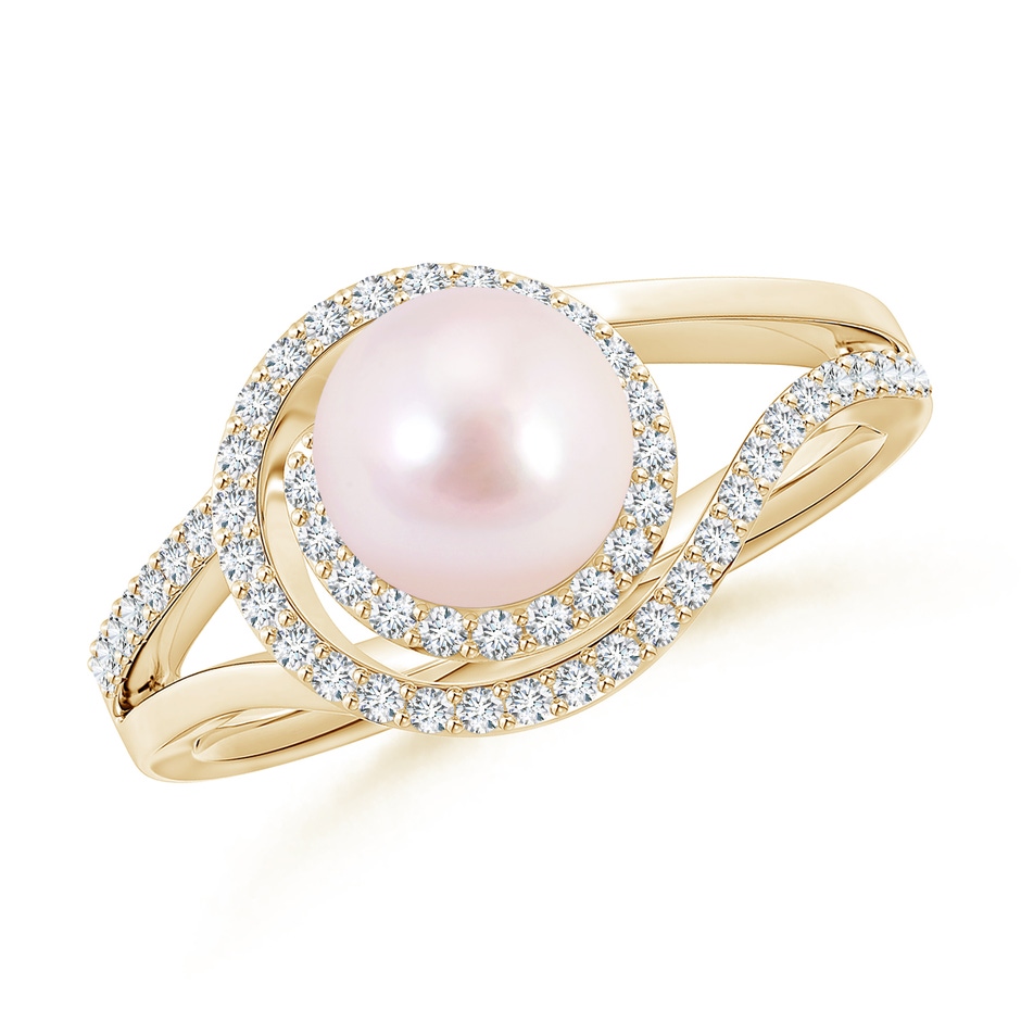 7mm AAAA Japanese Akoya Pearl Spiral Halo Ring with Diamonds in Yellow Gold 