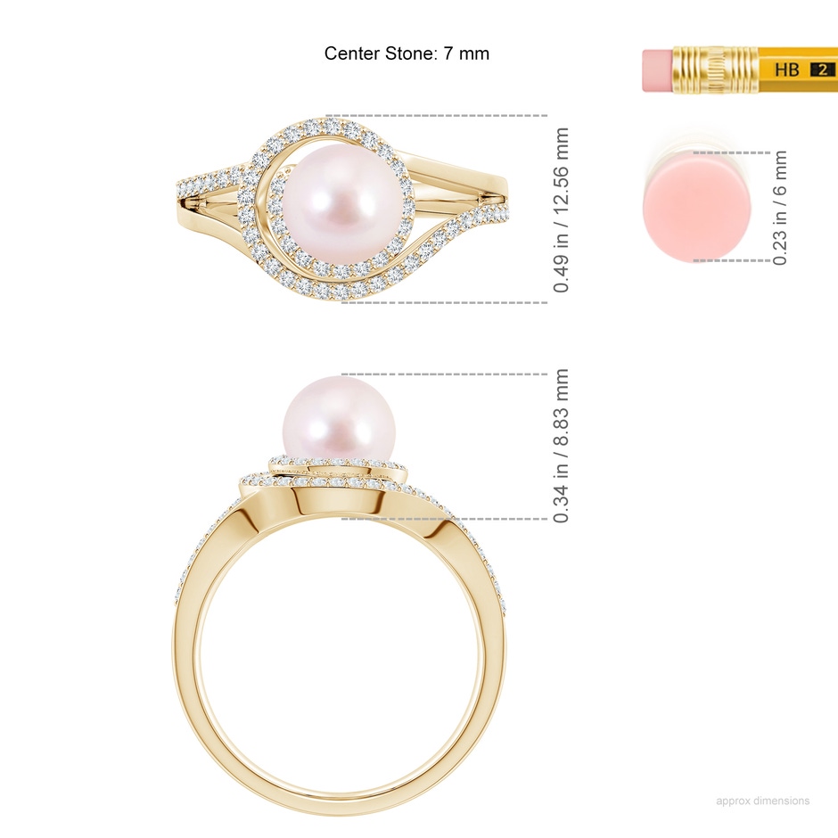 7mm AAAA Japanese Akoya Pearl Spiral Halo Ring with Diamonds in Yellow Gold ruler