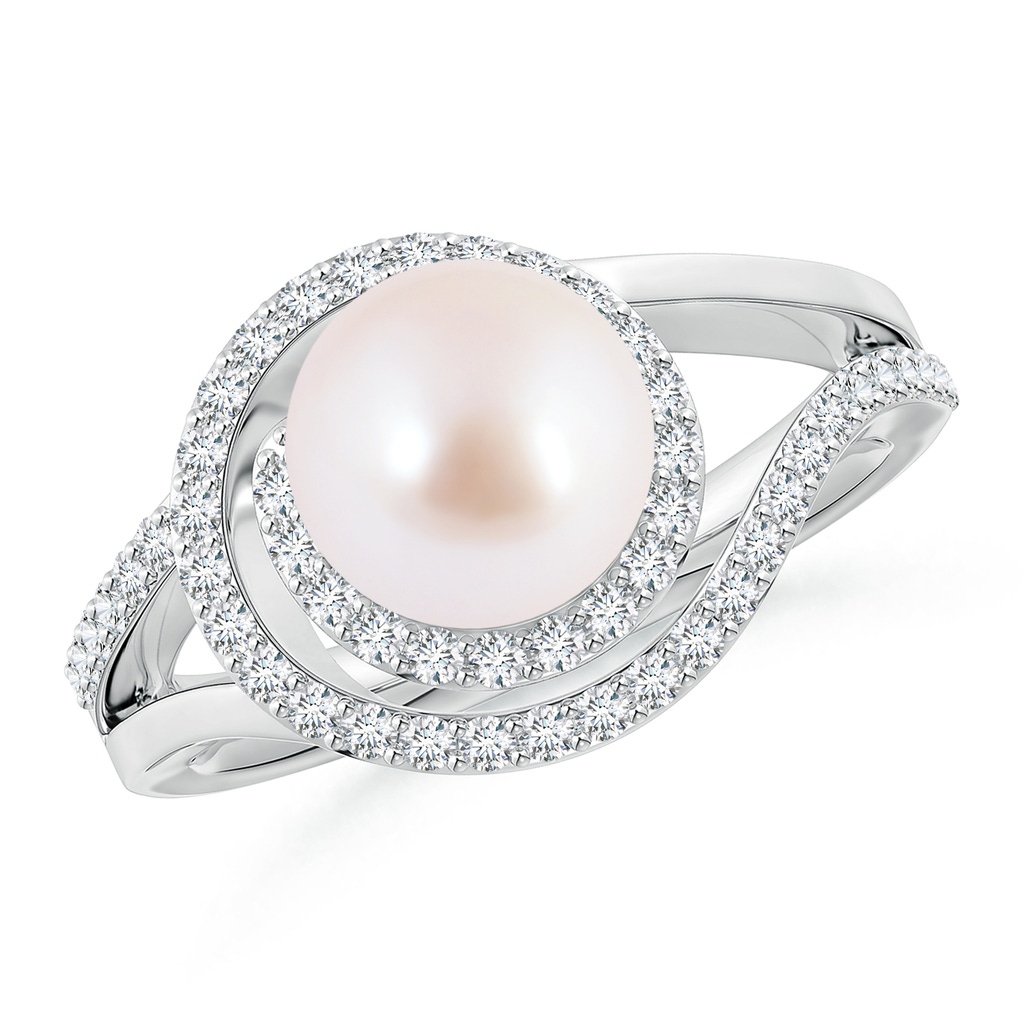 8mm AAA Japanese Akoya Pearl Spiral Halo Ring with Diamonds in White Gold