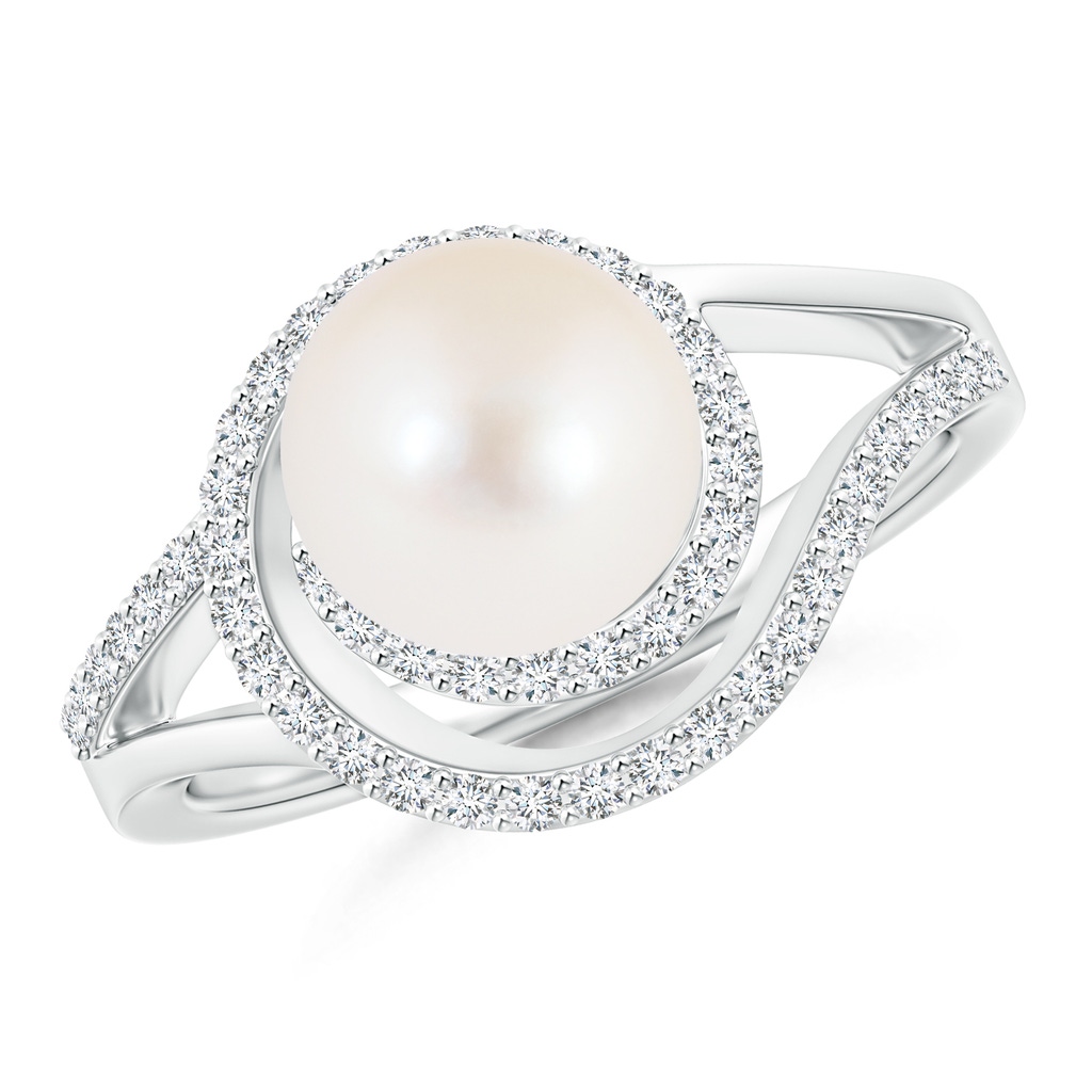 8mm AAA Freshwater Cultured Pearl Spiral Halo Ring with Diamonds in White Gold