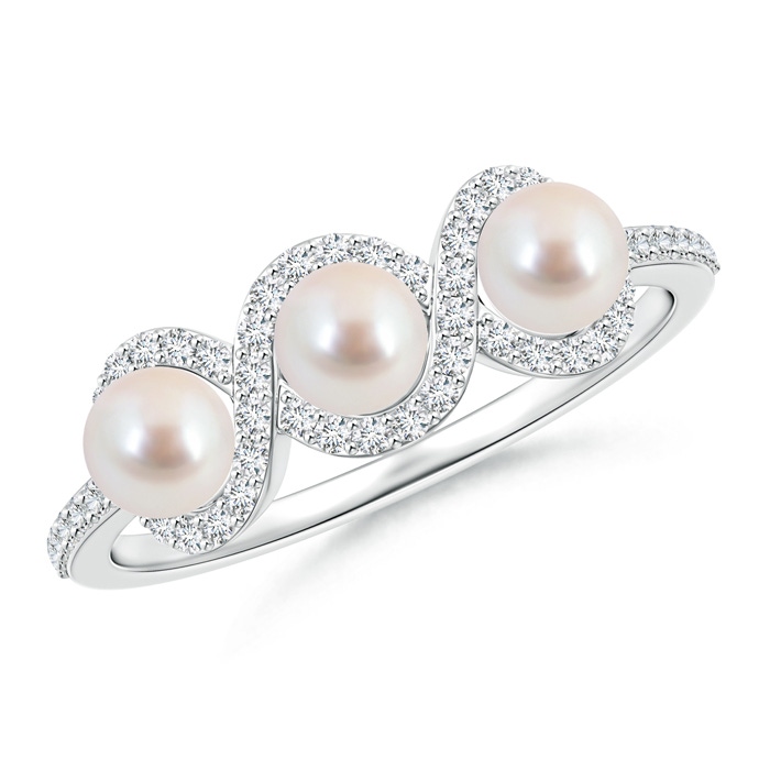 4mm AAA Three Stone Akoya Pearl Ring with Diamond Halo  in White Gold