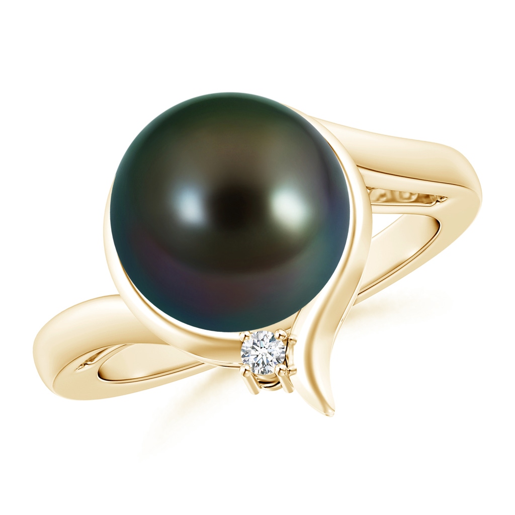 10mm AAAA Tahitian Pearl Solitaire Ring with Diamond in Yellow Gold