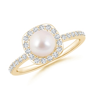 6mm AAAA Vintage Style Japanese Akoya Pearl and Diamond Halo Ring in Yellow Gold