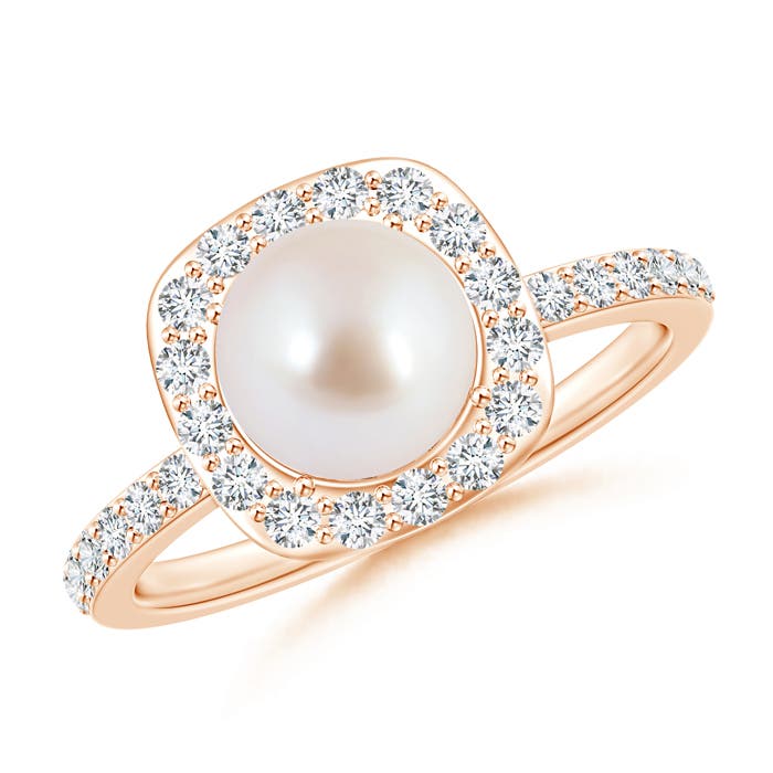 7mm AAA Vintage Style Japanese Akoya Pearl and Diamond Halo Ring in Rose Gold