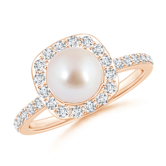 7mm AAA Vintage Style Japanese Akoya Pearl and Diamond Halo Ring in Rose Gold 