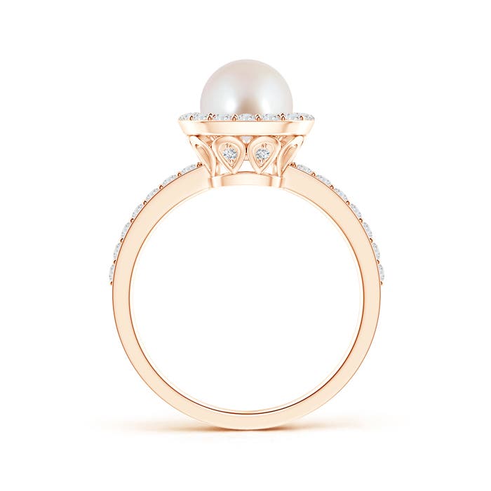 7mm AAA Vintage Style Japanese Akoya Pearl and Diamond Halo Ring in Rose Gold