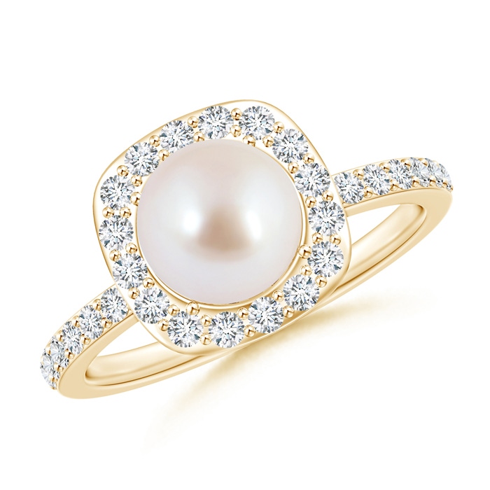 7mm AAA Vintage Style Japanese Akoya Pearl and Diamond Halo Ring in Yellow Gold