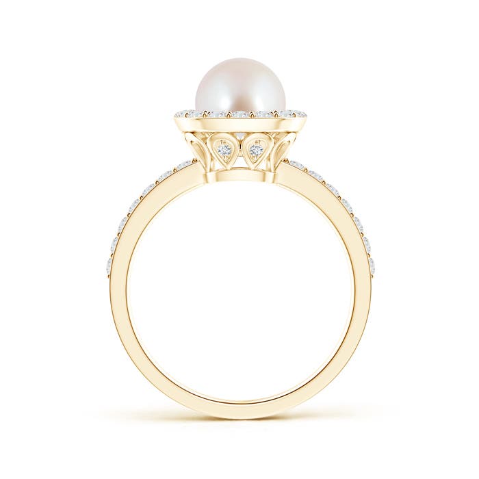 7mm AAA Vintage Style Japanese Akoya Pearl and Diamond Halo Ring in Yellow Gold - side 1