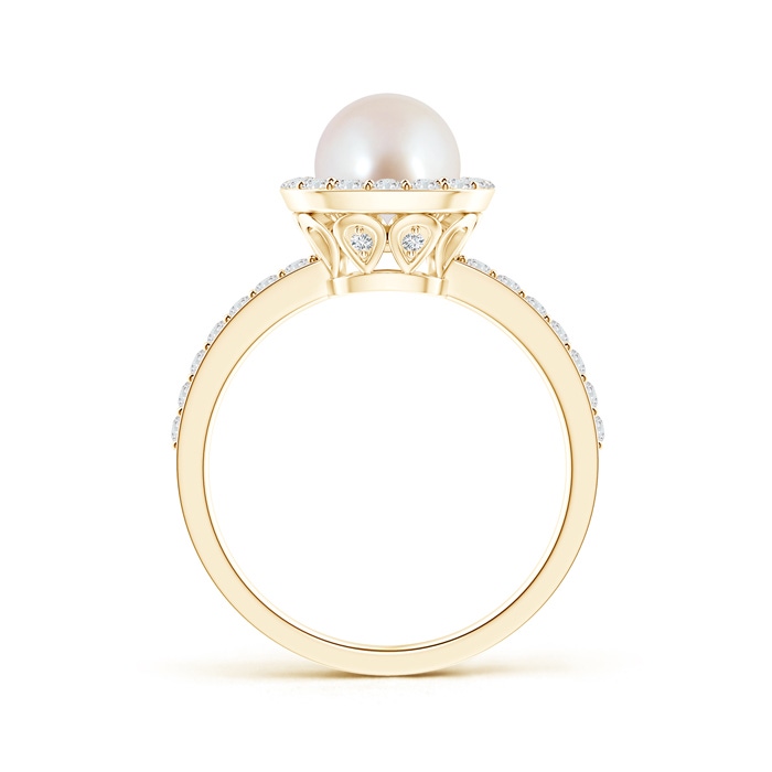7mm AAA Vintage Style Japanese Akoya Pearl and Diamond Halo Ring in Yellow Gold Product Image
