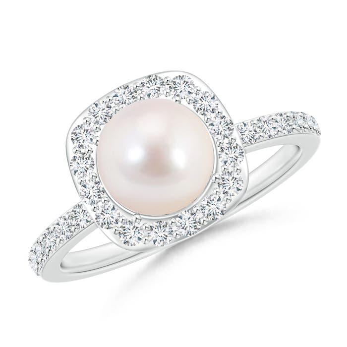 7mm AAAA Vintage Style Japanese Akoya Pearl and Diamond Halo Ring in White Gold