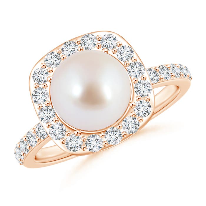 8mm AAA Vintage Style Japanese Akoya Pearl and Diamond Halo Ring in Rose Gold