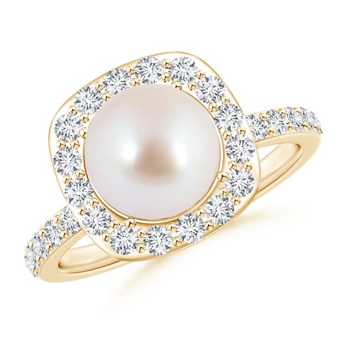 8mm AAA Vintage Style Japanese Akoya Pearl and Diamond Halo Ring in Yellow Gold