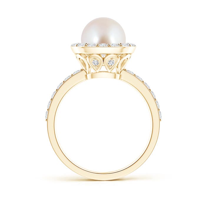 8mm AAA Vintage Style Japanese Akoya Pearl and Diamond Halo Ring in Yellow Gold
