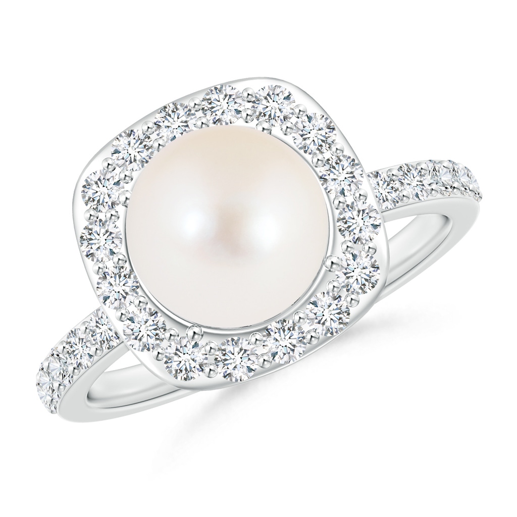 8mm AAA Vintage Style Freshwater Cultured Pearl and Diamond Halo Ring in White Gold