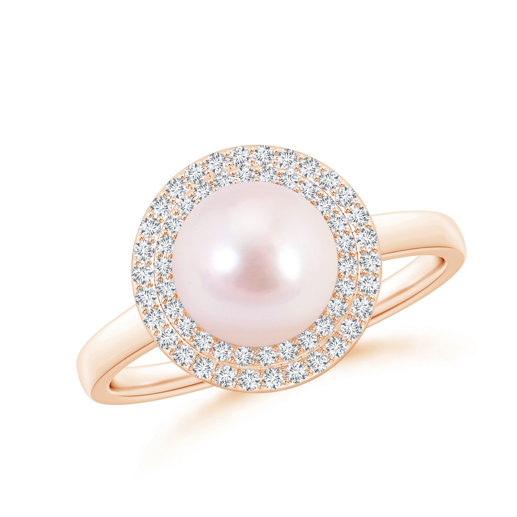 8mm AAAA Akoya Cultured Pearl and Diamond Double Halo Ring in Rose Gold
