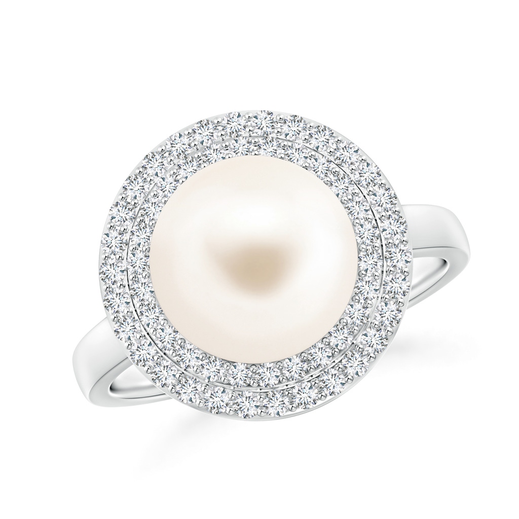 10mm AAA Freshwater Cultured Pearl and Diamond Double Halo Ring in White Gold