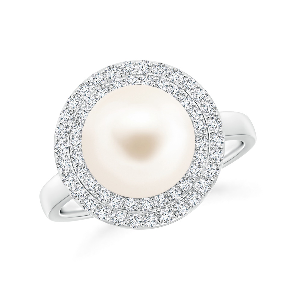 10mm AAA Freshwater Cultured Pearl and Diamond Double Halo Ring in White Gold 