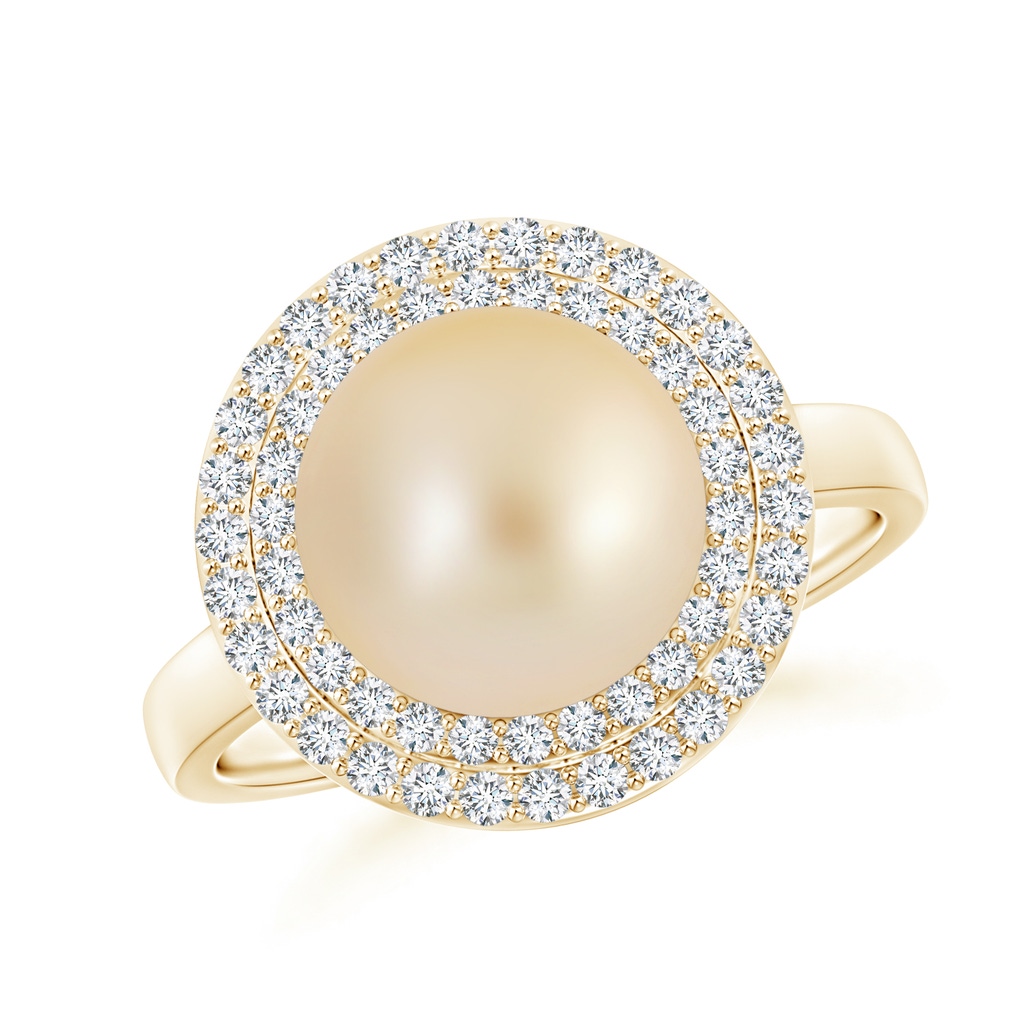 10mm AA Golden South Sea Cultured Pearl and Diamond Double Halo Ring in Yellow Gold