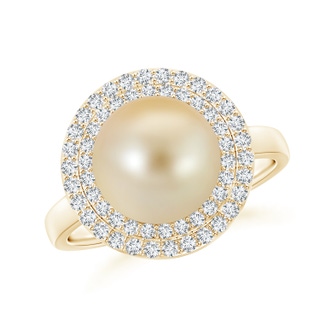 10mm AAA Golden South Sea Cultured Pearl and Diamond Double Halo Ring in Yellow Gold