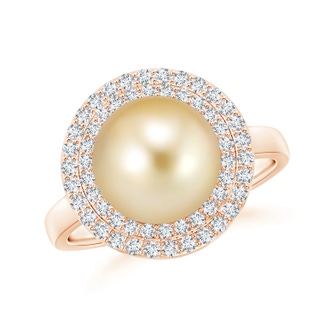 10mm AAAA Golden South Sea Cultured Pearl and Diamond Double Halo Ring in Rose Gold