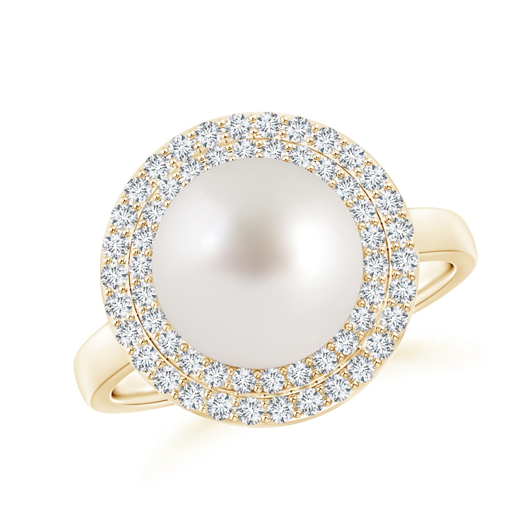 10mm AAA South Sea Cultured Pearl and Diamond Double Halo Ring in Yellow Gold