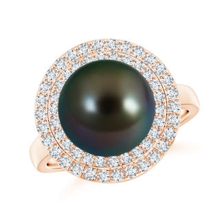 11mm AAAA Tahitian Cultured Pearl and Diamond Double Halo Ring in Rose Gold