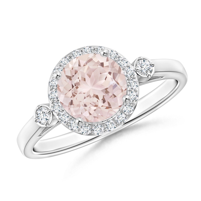 7mm A Classic Prong-Set Round Morganite and Diamond Halo Ring in White Gold 