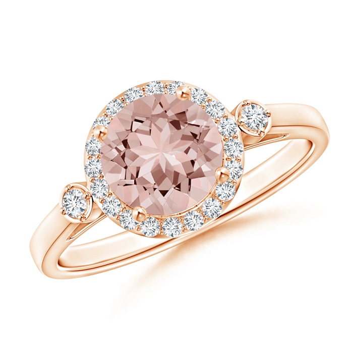 7mm AAAA Classic Prong-Set Round Morganite and Diamond Halo Ring in Rose Gold